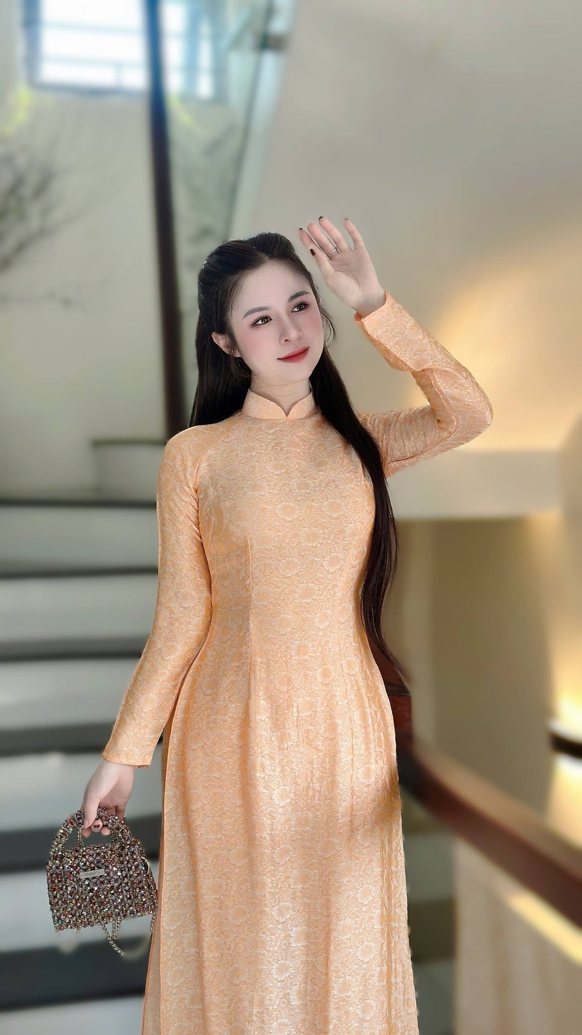 KIM MAI Set Ao Dai To Tam Thai Tuan Light Orange Color With Pants /TT58