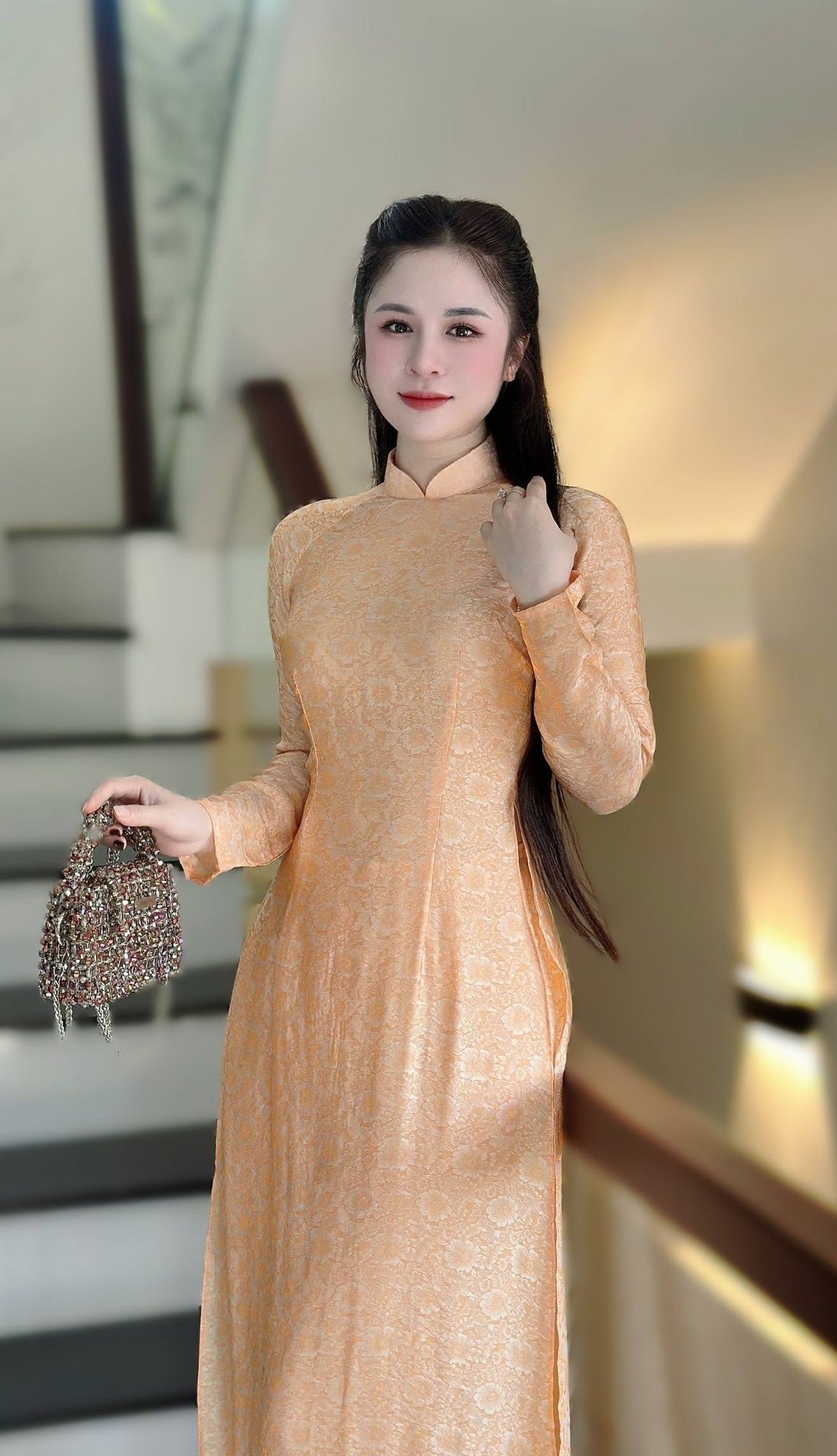 KIM MAI Set Ao Dai To Tam Thai Tuan Light Orange Color With Pants /TT58