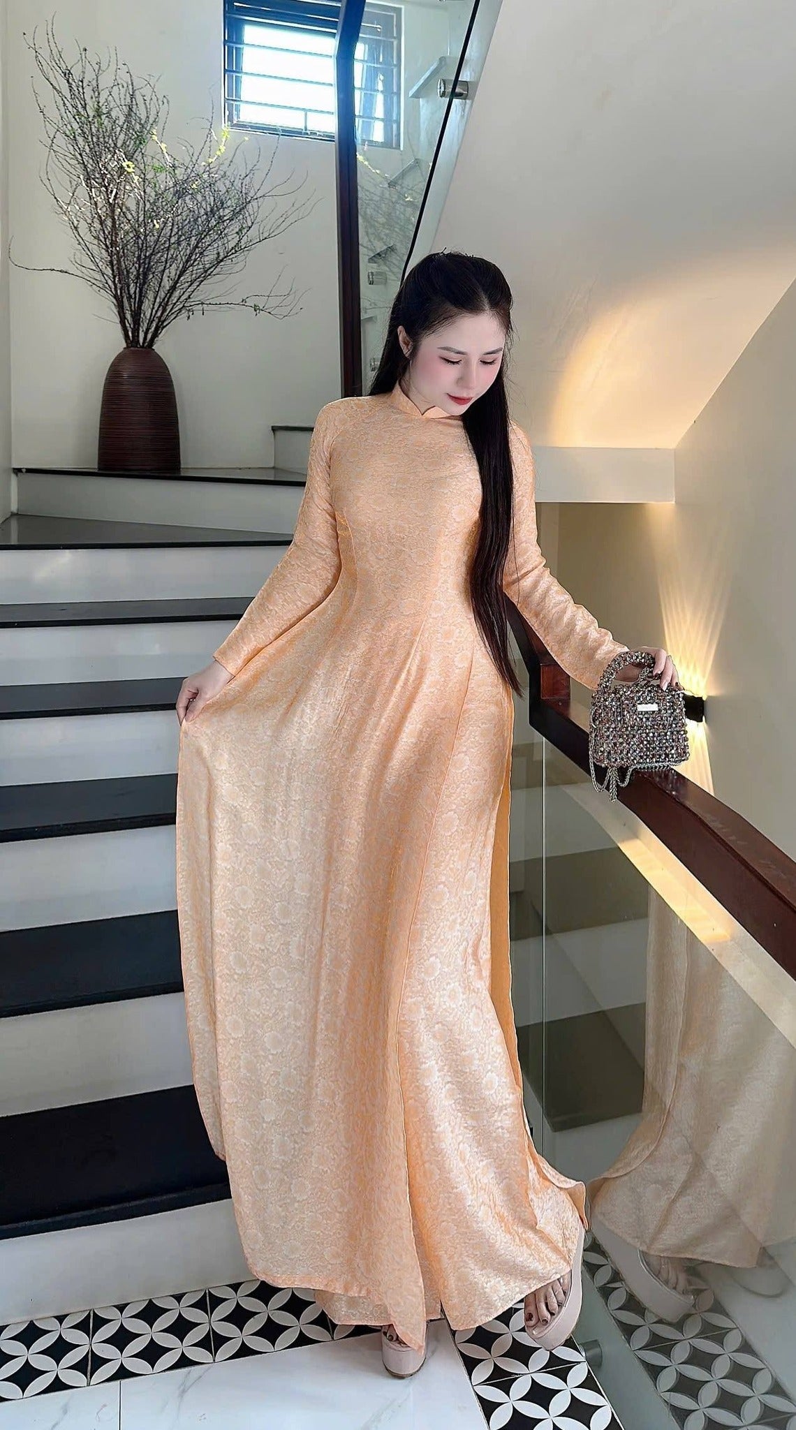 KIM MAI Set Ao Dai To Tam Thai Tuan Light Orange Color With Pants /TT58