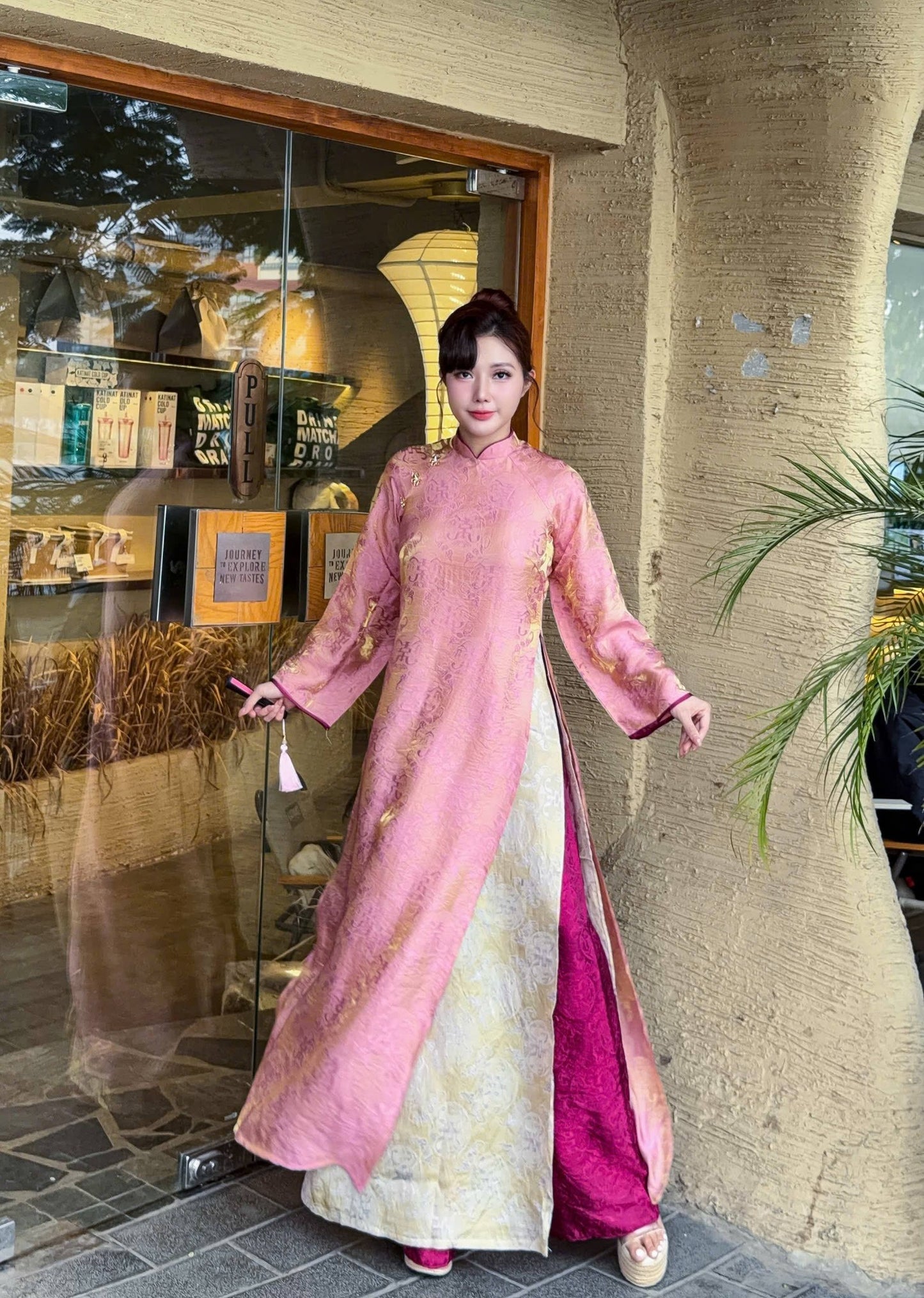KIM HOA Ao Dai Lua To Tam Tence Double Layers Dark Peach Color with Tangerine Purple Pants /CT290