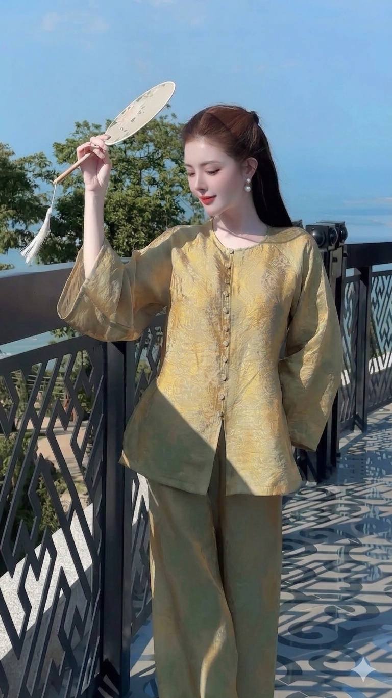 Ao Ba Ba Set: Modern Vietnamese Phap Phuc with Pants/  Metallic GoldColor/ Tam Ong ThoDoi/G350