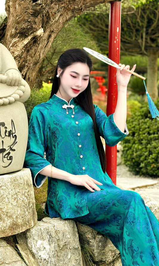 Ao Ba Ba Set: Modern Vietnamese Phap Phuc with Pants/ BLUE Color/ Tam Ong ThoDoi/G357