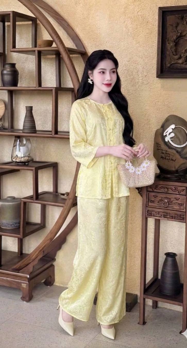 Ao Ba Ba Set: Modern Vietnamese Phap Phuc with Pants/ Yellow Color/ Tam Ong ThoDoi/G349