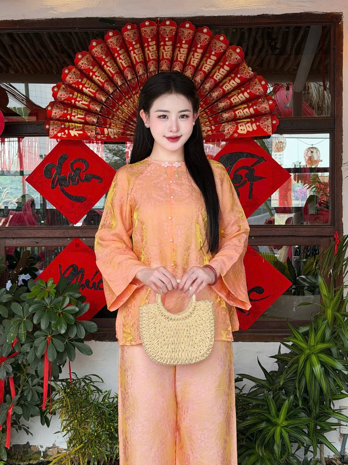 Ao Ba Ba Set: Modern Vietnamese Phap Phuc with Pants/ Orange Color/ Tam Ong ThoDoi/G356
