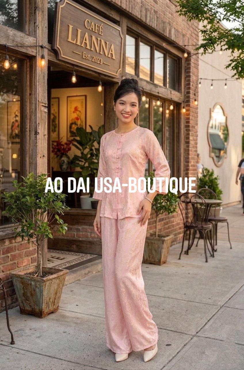 Ao Ba Ba Set: Modern Vietnamese Phap Phuc with Pants/ Pink Color Tam Ong Tho Doi/G338