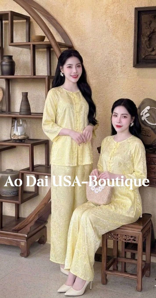 Ao Ba Ba Set: Modern Vietnamese Phap Phuc with Pants/ Yellow Color/ Tam Ong ThoDoi/G349