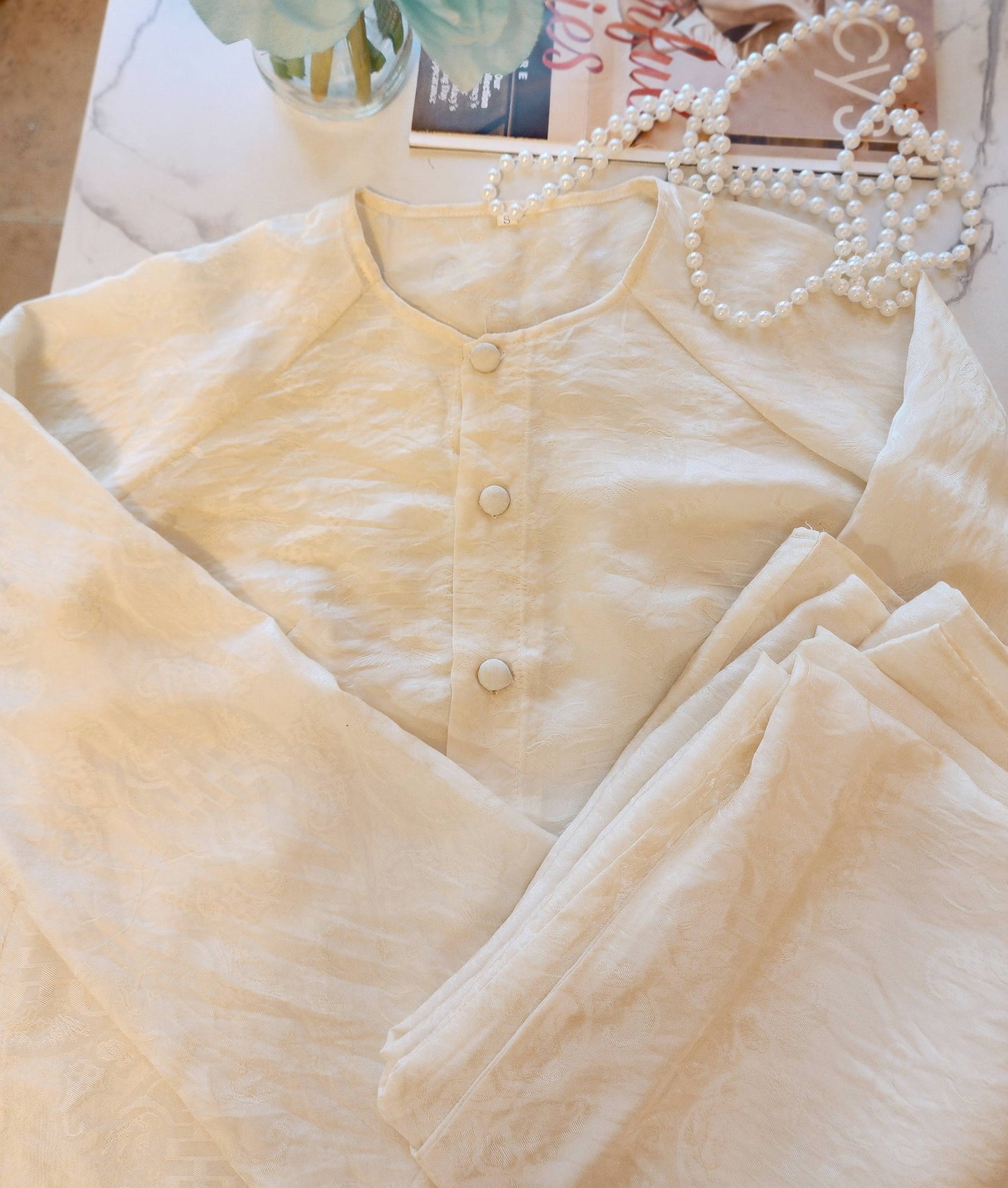 Ao Ba Ba Set: Modern Vietnamese Phap Phuc with Pants/  White Cream Color/ Tam Ong ThoDoi/G350