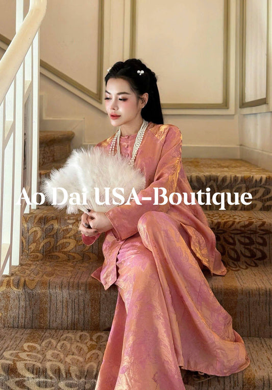 Ao Ba Ba Set: Modern Vietnamese Phap Phuc with Pants/ Pink Color/ To Tam Tencel /G348