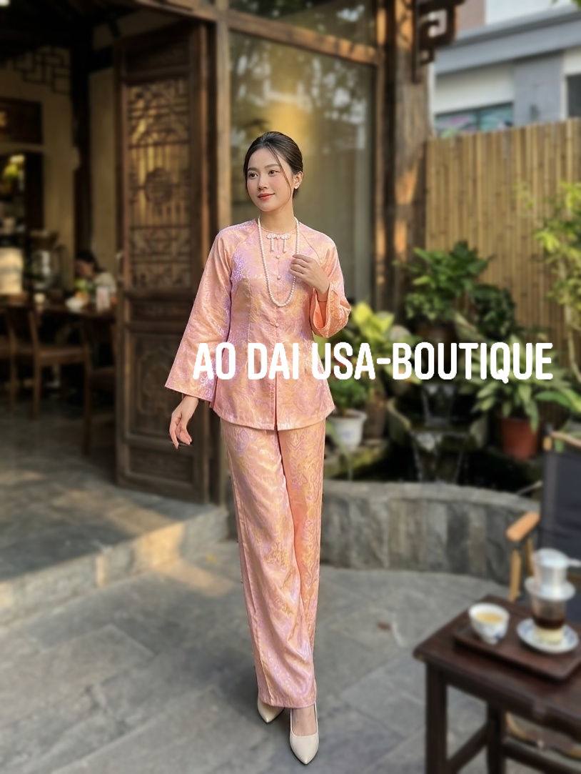 Ao Ba Ba Set: Modern Vietnamese Phap Phuc with Pants/Soft peach tone with a warm glow Color/ Tam Ong ThoDoi/G347