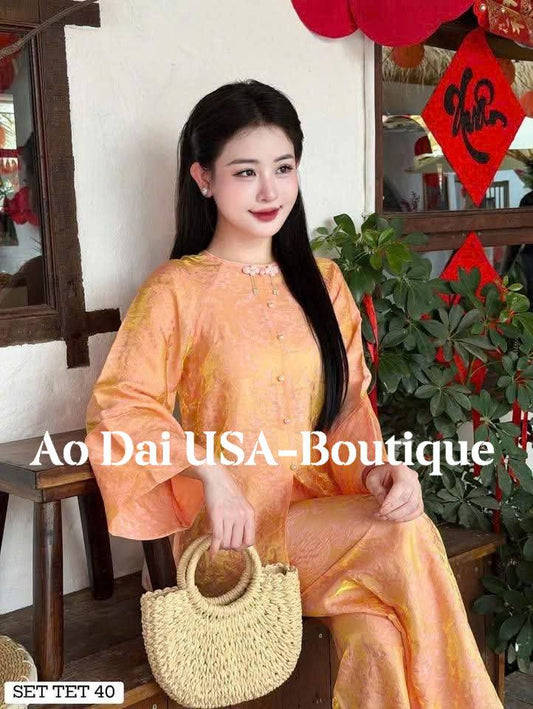 Ao Ba Ba Set: Modern Vietnamese Phap Phuc with Pants/ Orange Color/ Tam Ong ThoDoi/G356