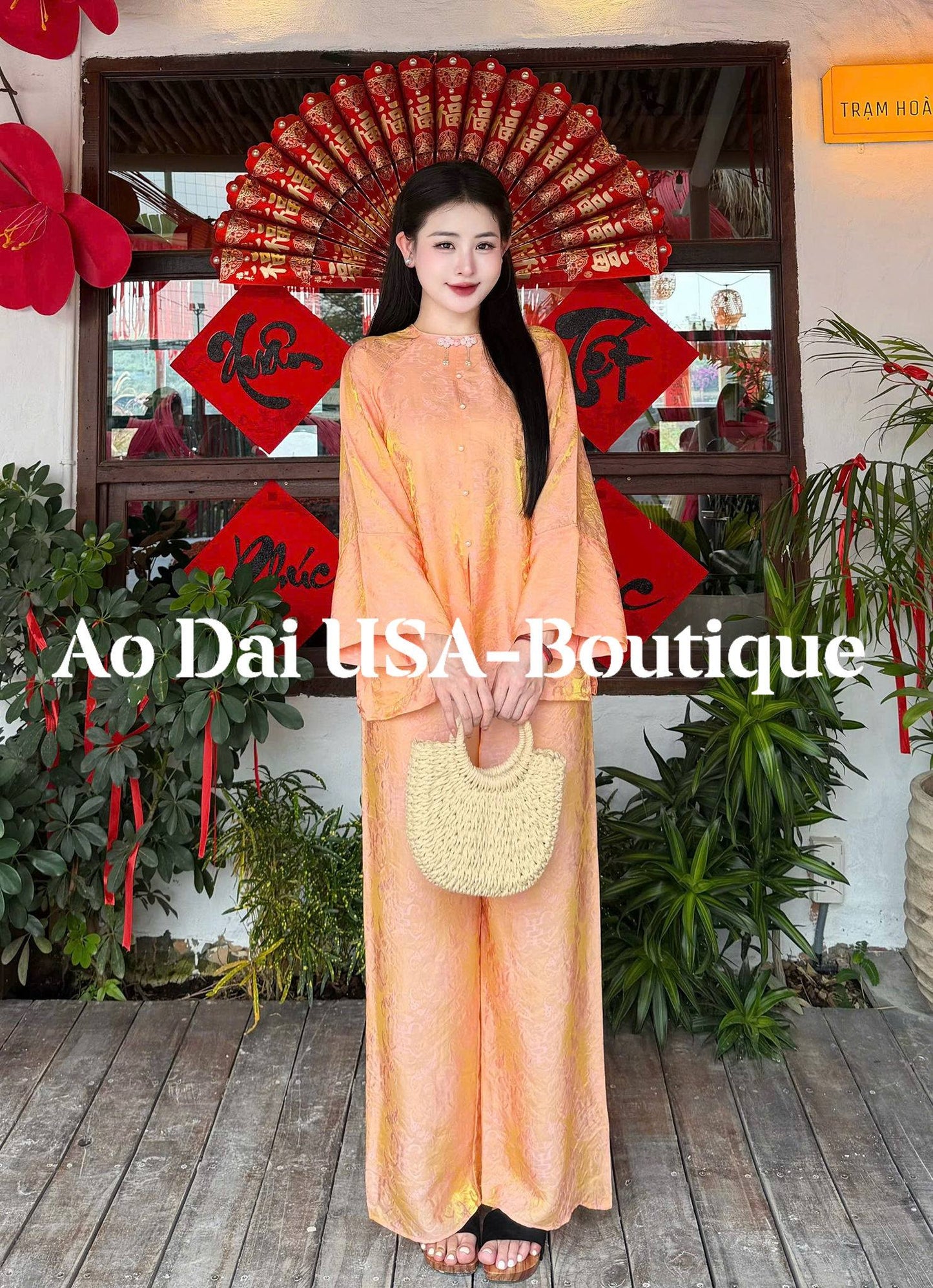 Ao Ba Ba Set: Modern Vietnamese Phap Phuc with Pants/ Orange Color/ Tam Ong ThoDoi/G356