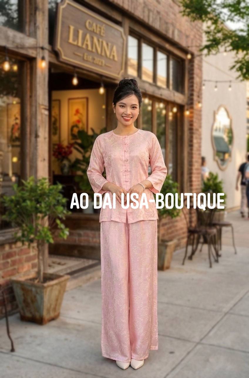 Ao Ba Ba Set: Modern Vietnamese Phap Phuc with Pants/ Pink Color Tam Ong Tho Doi/G338