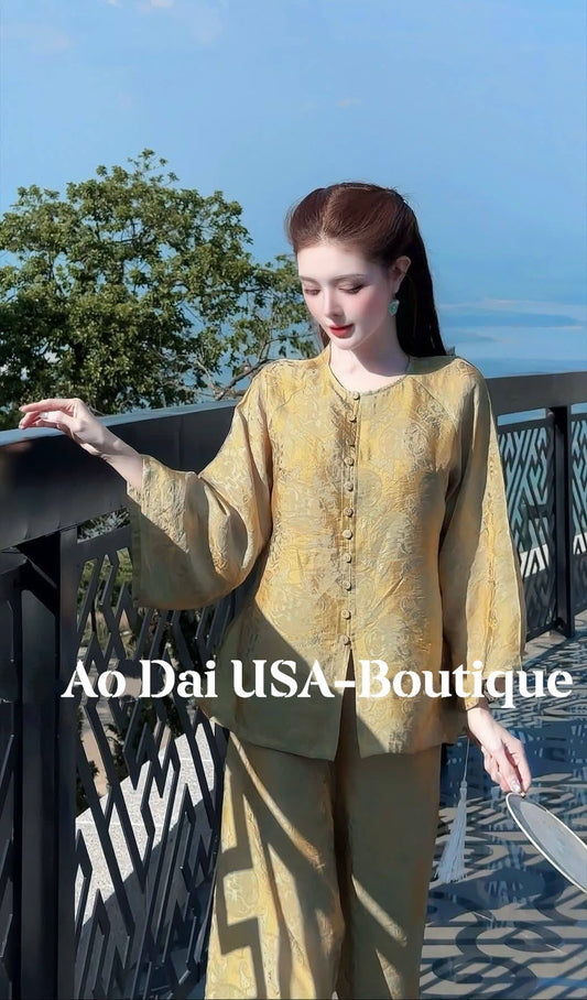 Ao Ba Ba Set: Modern Vietnamese Phap Phuc with Pants/  Metallic GoldColor/ Tam Ong ThoDoi/G350