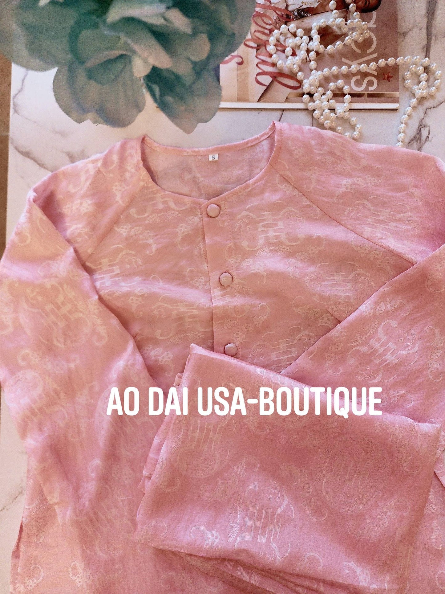 Ao Ba Ba Set: Modern Vietnamese Phap Phuc with Pants/ Pink Color Tam Ong Tho Doi/G338