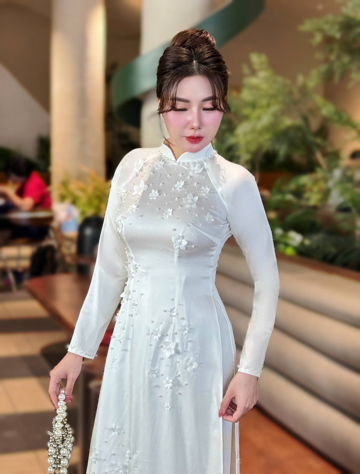 VAN THU Set Ao Dai Lua To Chau White Color/ TT201