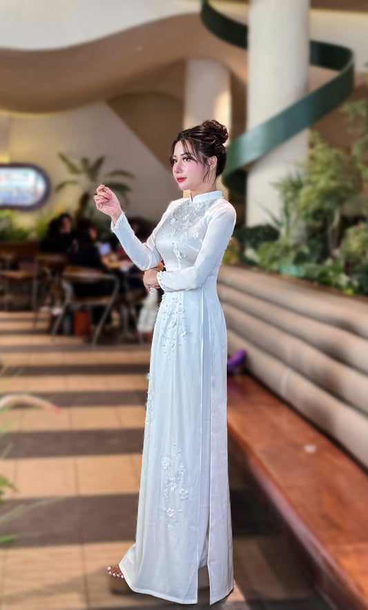 VAN THU Set Ao Dai Lua To Chau White Color/ TT201