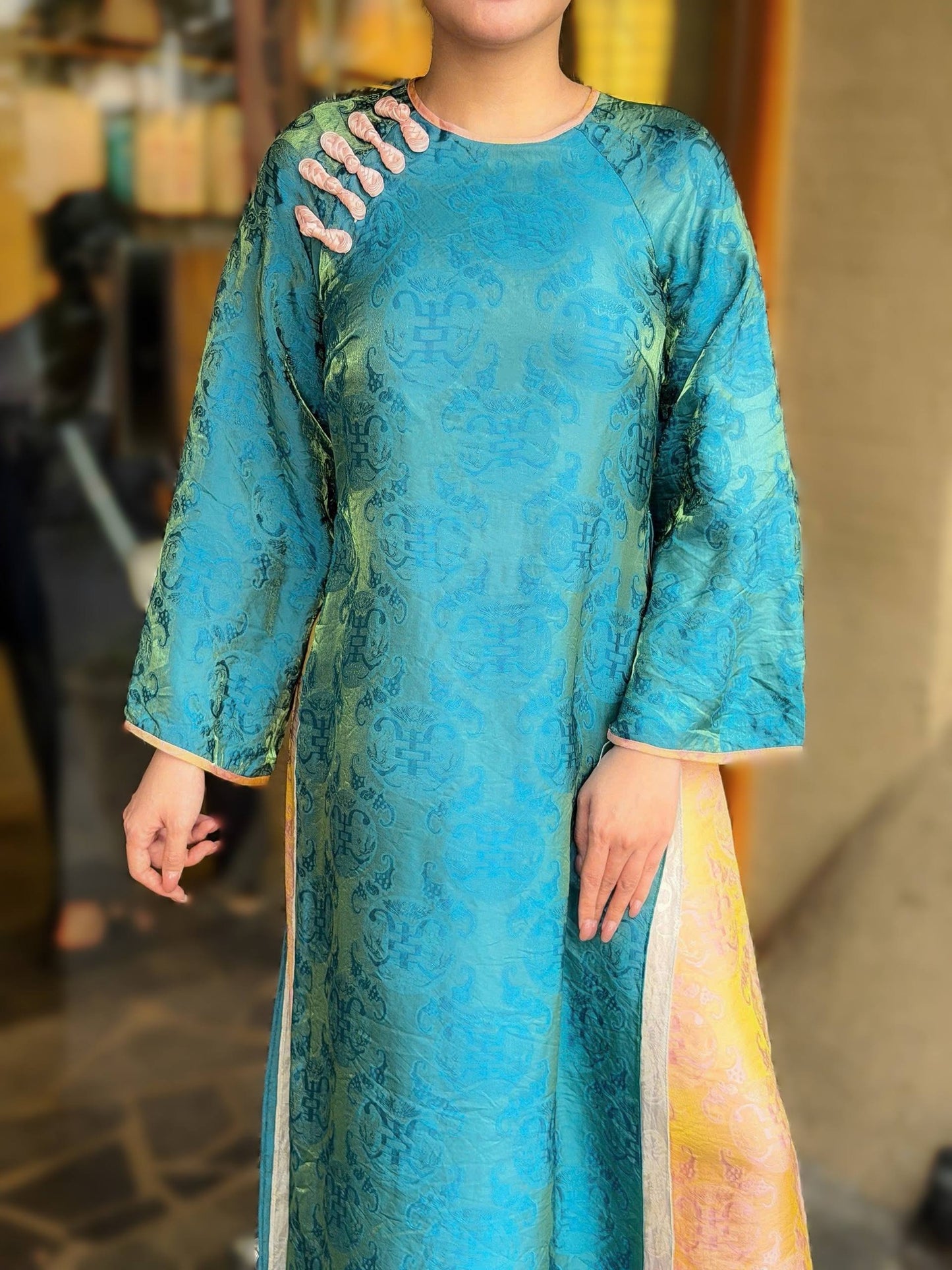 TUNG VAN Set Ao Dai Lua To Tam Tencel Long Phung/ CT297