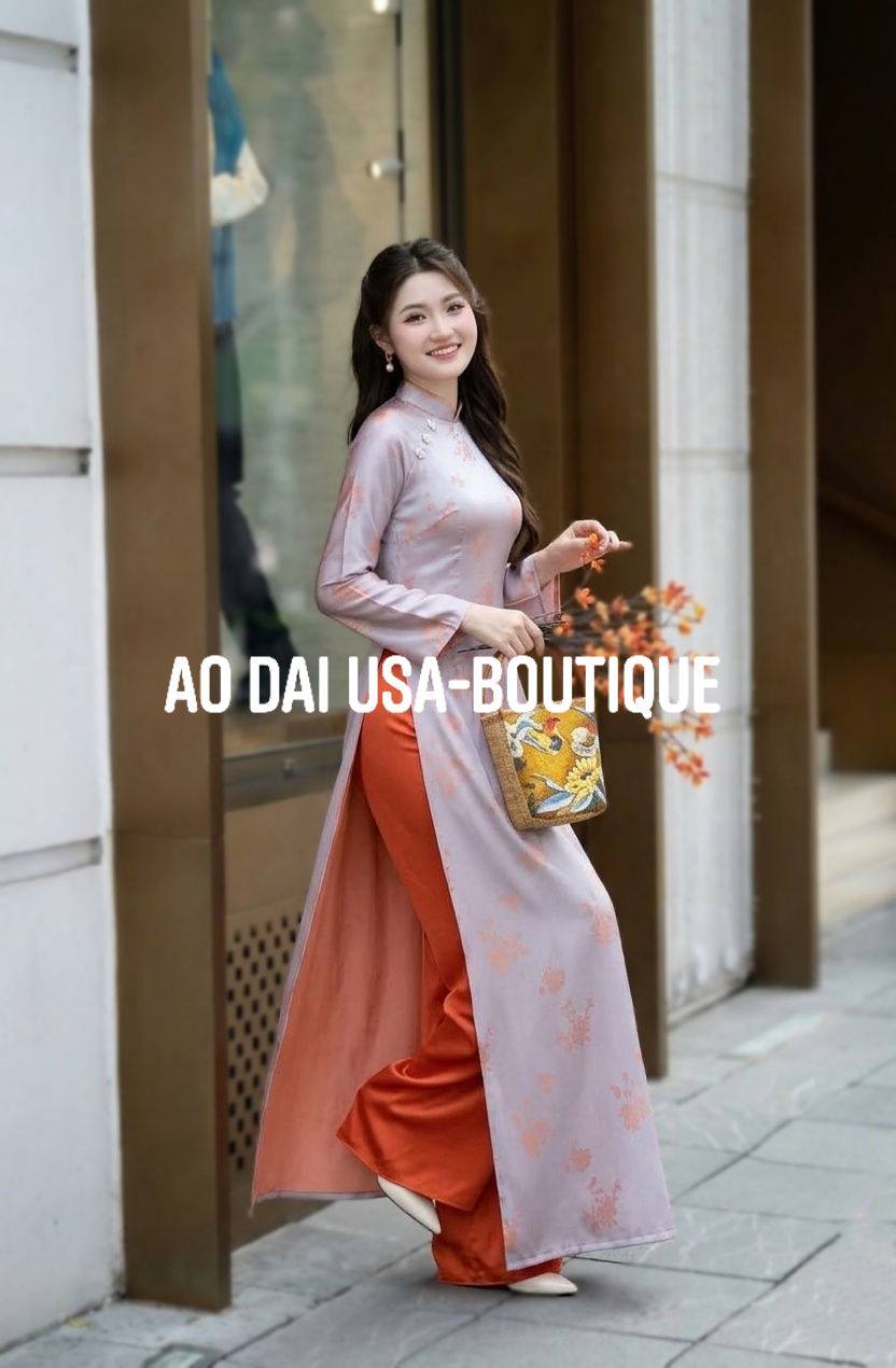 KIM HOA Set Ao Dai Lụa To Tam Van Nam Ash gray with an orange undertone/ TT96