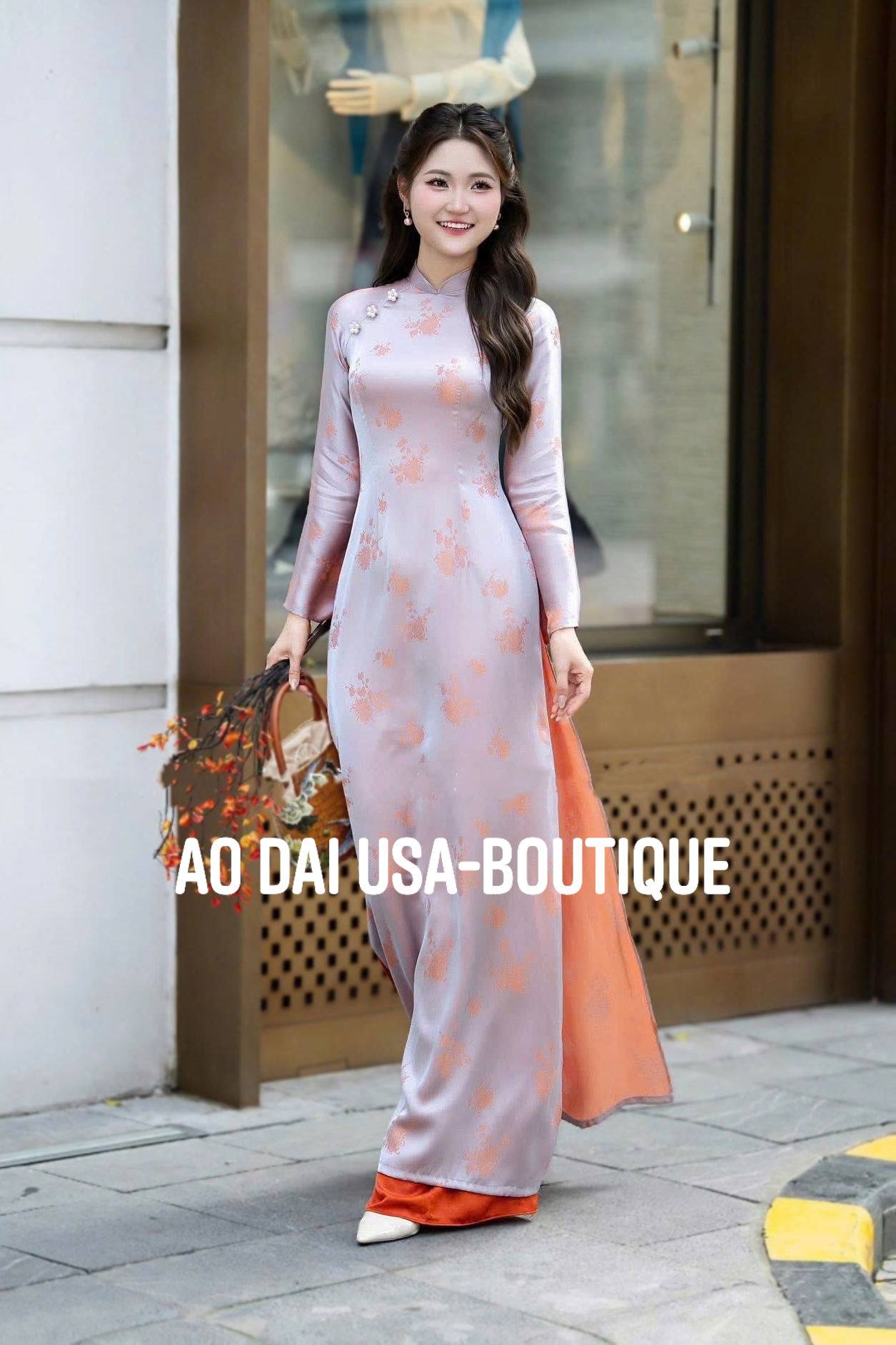 KIM HOA Set Ao Dai Lụa To Tam Van Nam Ash gray with an orange undertone/ TT96