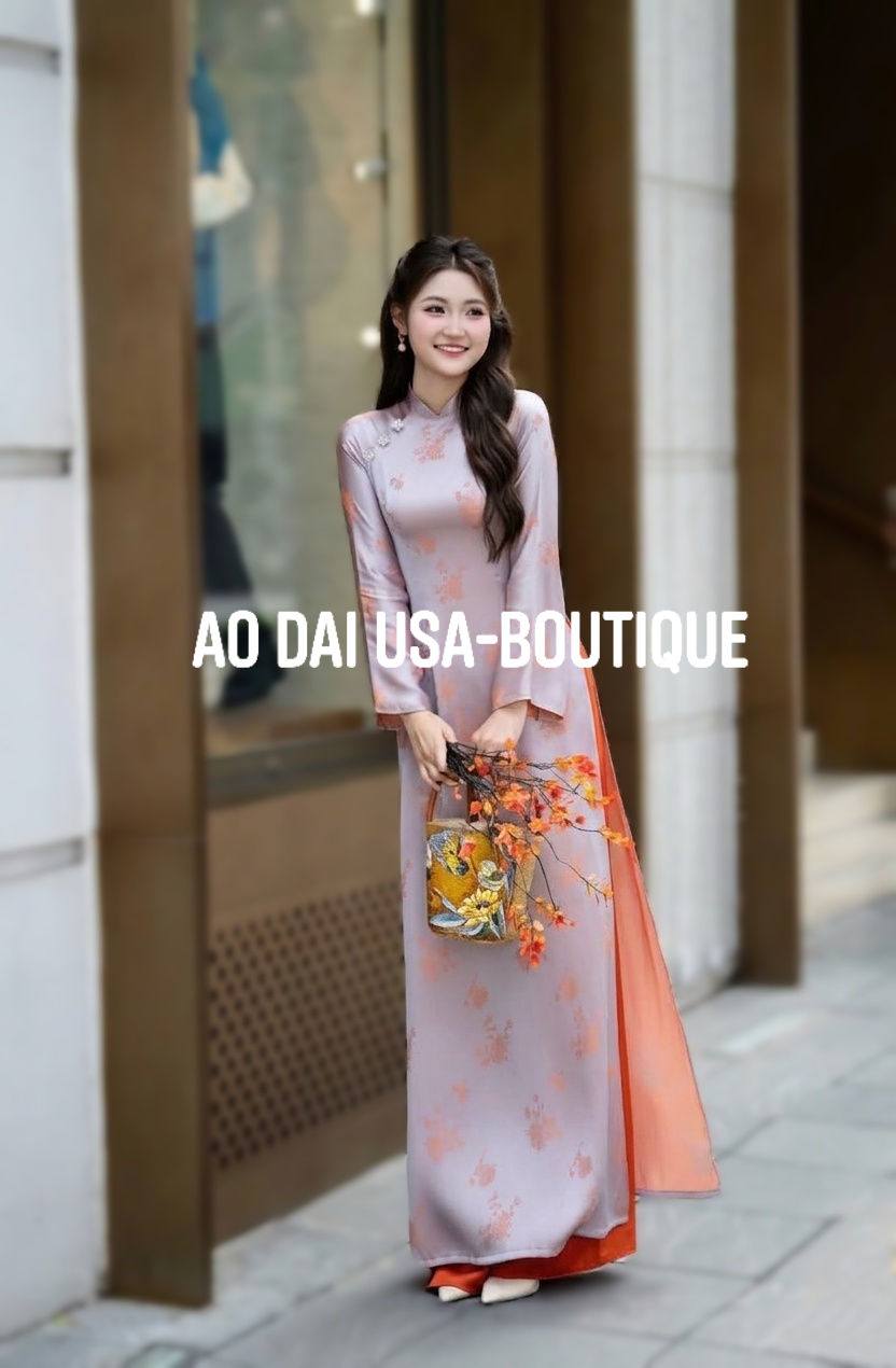 KIM HOA Set Ao Dai Lụa To Tam Van Nam Ash gray with an orange undertone/ TT96