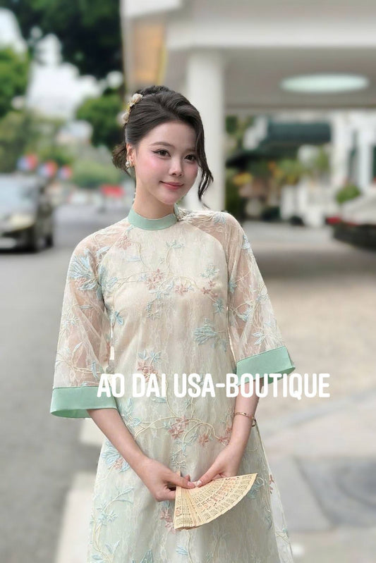 NGOC TRA Ao Dai To Theu with Pants/ Ao Dai Loose Style/ CT302