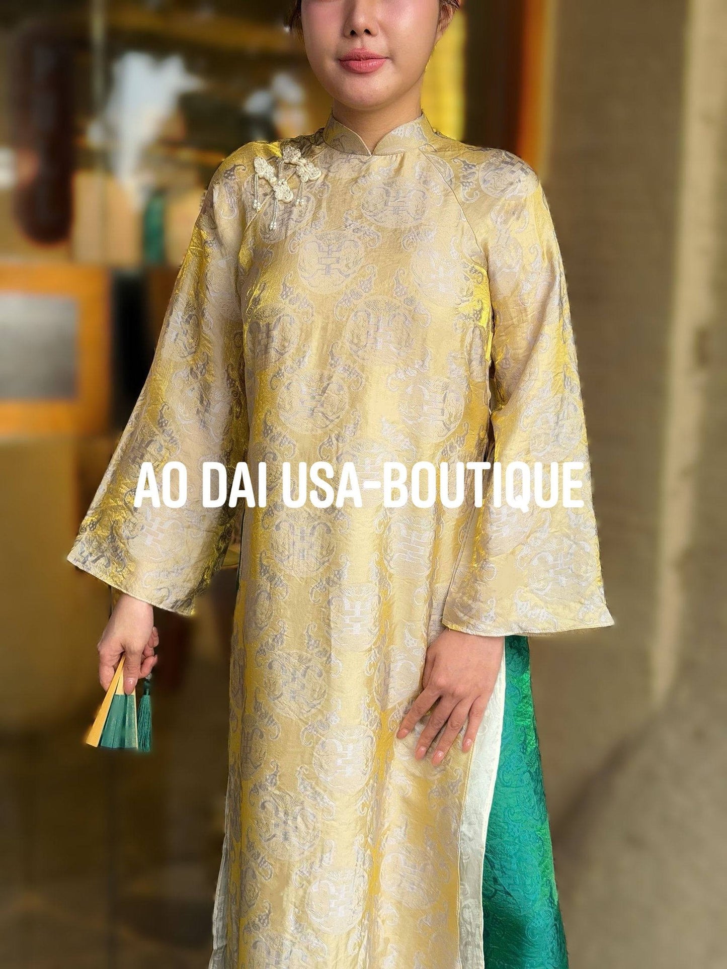 NGOC MAI Set Ao Dai Mustard Yellow With Green Pants/ CT289