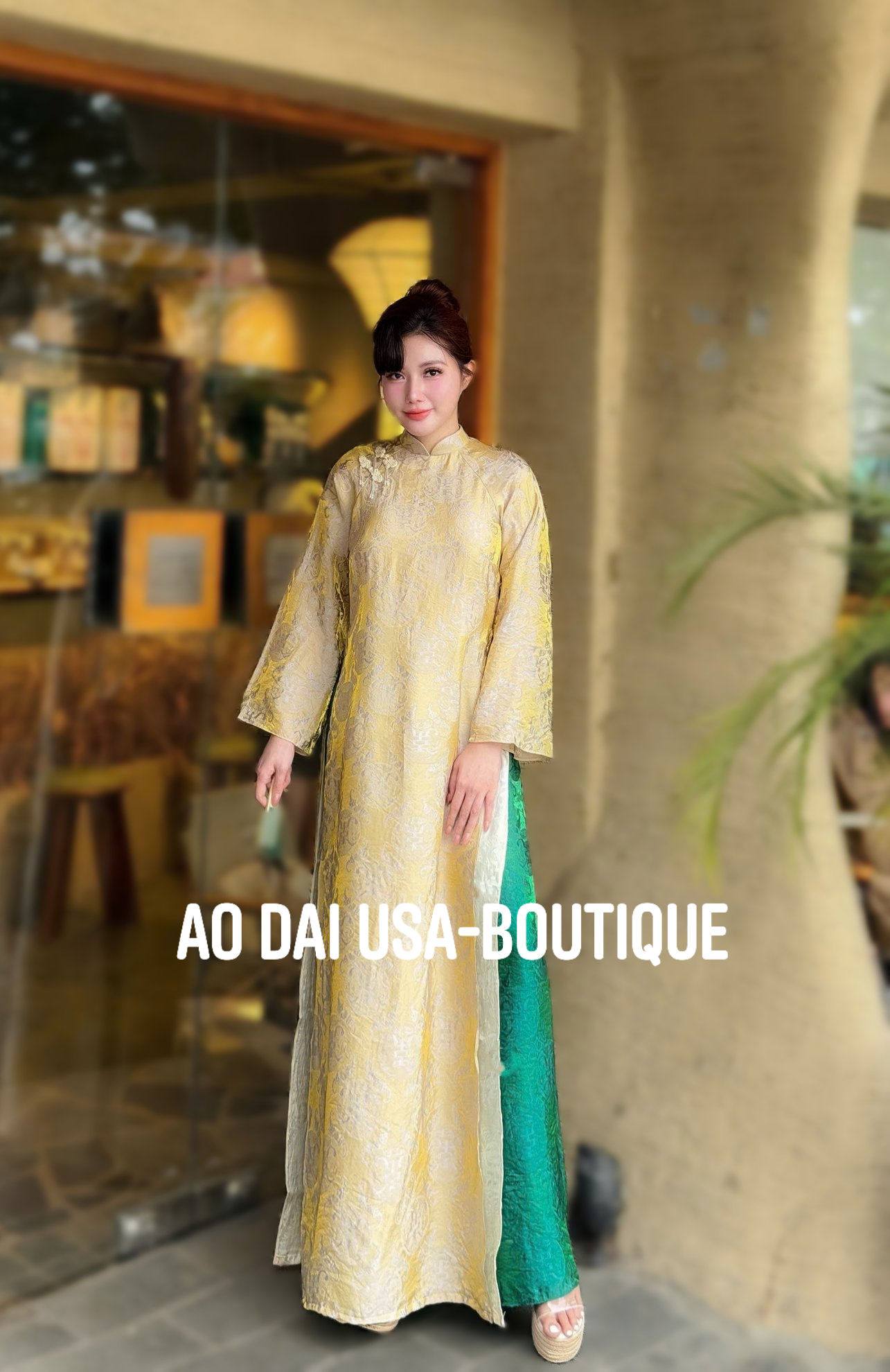 NGOC MAI Set Ao Dai Mustard Yellow With Green Pants/ CT289