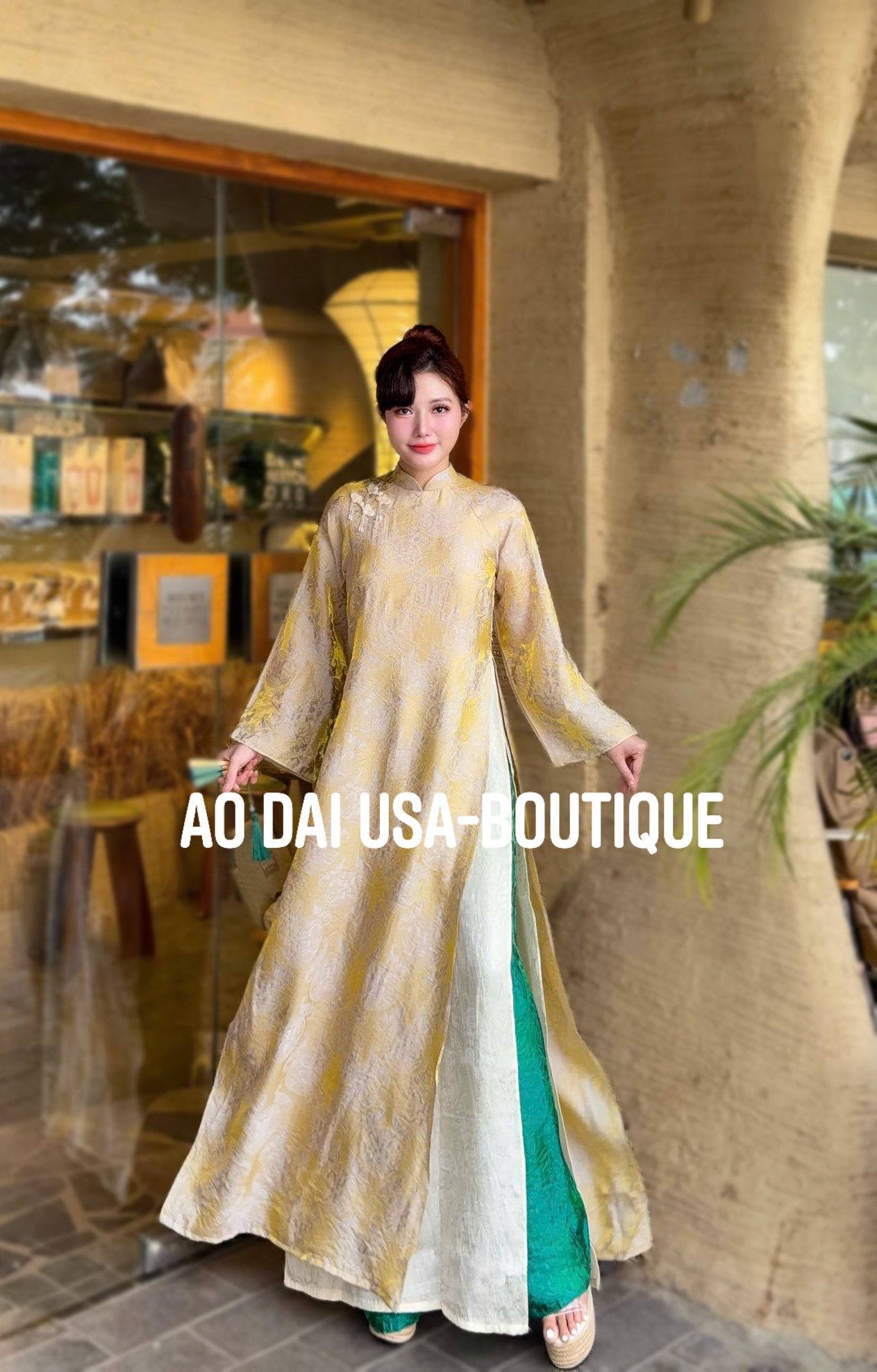 NGOC MAI Set Ao Dai Mustard Yellow With Green Pants/ CT289
