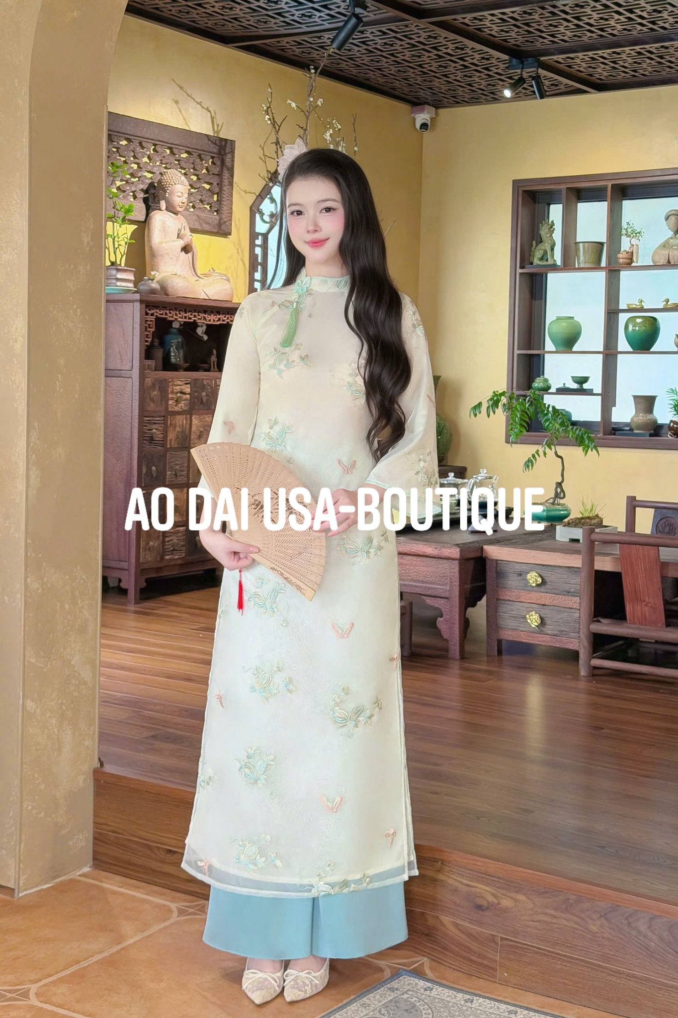 CHI KHANH Set Ao Dai To Theu/Blue Pants CT304