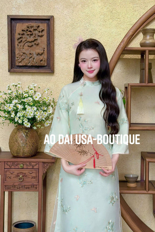 CHI KHANH Set Ao Dai To Theu/Blue Pants CT304