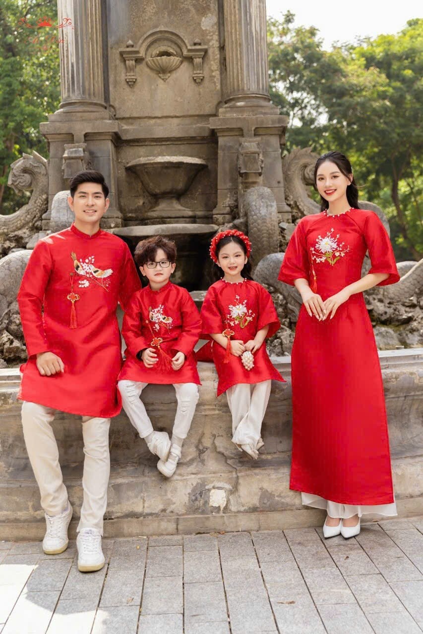 Set Family Red Ribbon Ao Dai Set (No Headband) | Pants included B125