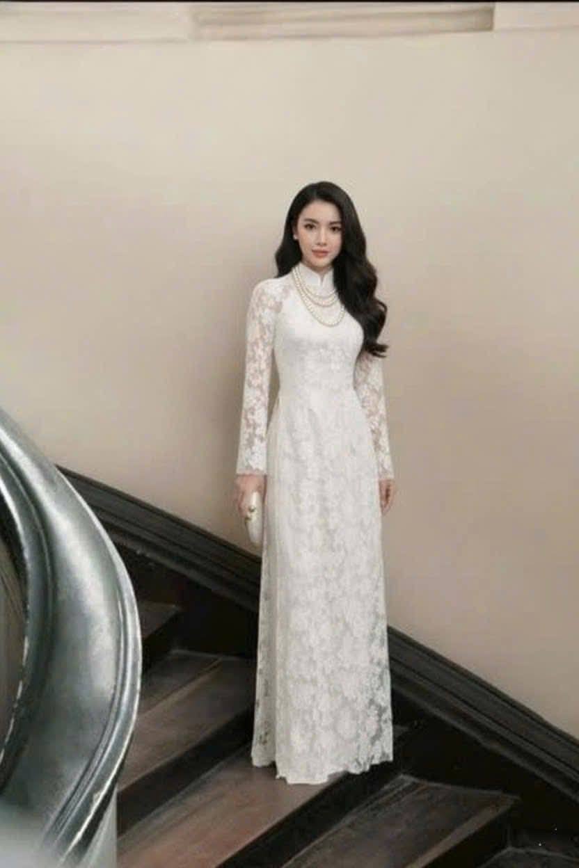 HOA MO Set Lace Ao Dai White Color Vietnamese Long Dress/ With White Pants/B239