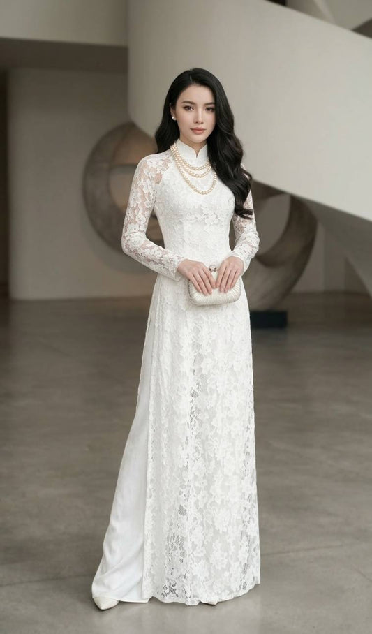 HOA MO Set Lace Ao Dai White Color Vietnamese Long Dress/ With White Pants/B239