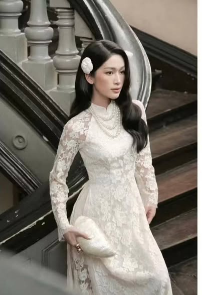 HOA MO Set Lace Ao Dai White Color Vietnamese Long Dress/ With White Pants/B239
