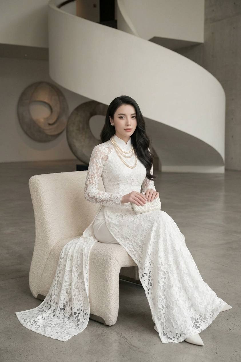 HOA MO Set Lace Ao Dai White Color Vietnamese Long Dress/ With White Pants/B239