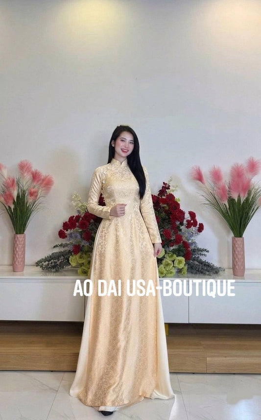 ANH MAI Set Ao Dai Lụa Tra MI Design For Women Cream/dress- pants included/TT98