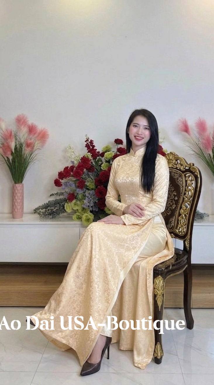 ANH MAI Set Ao Dai Lụa Tra MI Design For Women Cream/dress- pants included/TT81
