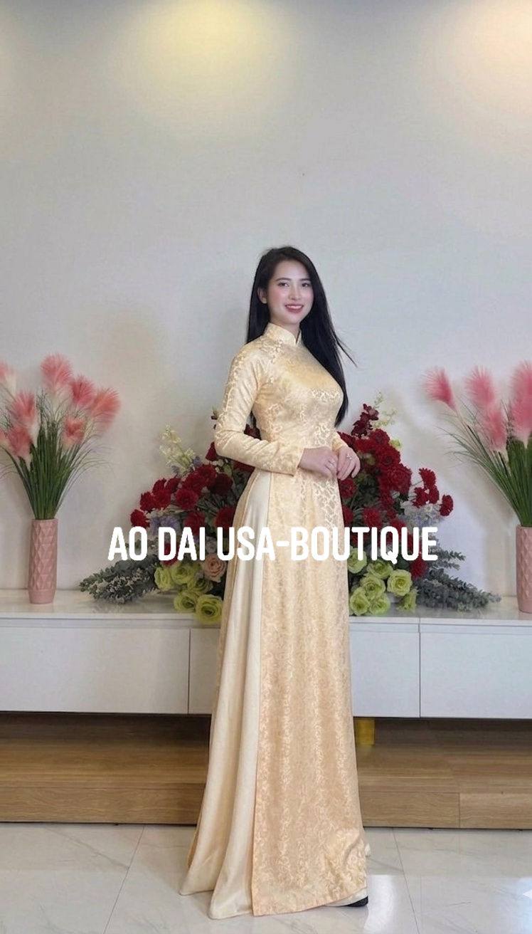 ANH MAI Set Ao Dai Lụa Tra MI Design For Women Cream/dress- pants included/TT81