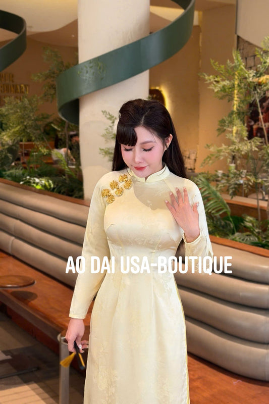 DIEC PHI Ao Dai Lua To Tam Tuyet Lien Light Yellow Color/TT75