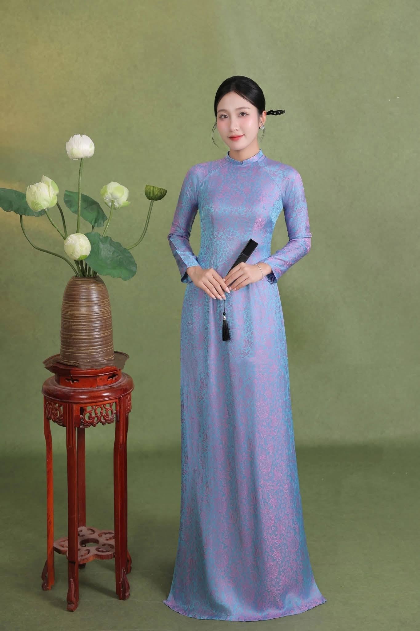 ANH SAO Set Ao Dai Lụa Tô Châu Design For Women Blue Color/ Traditional Long dresses Vietnamese/ pants included/ TT75