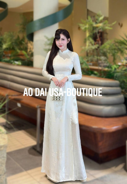 ANH MAI Set Ao Dai To Tam Van Nam Design For Women White Color/ Traditional Long dresses /Shimmering Metallic Silver pants included/TT292