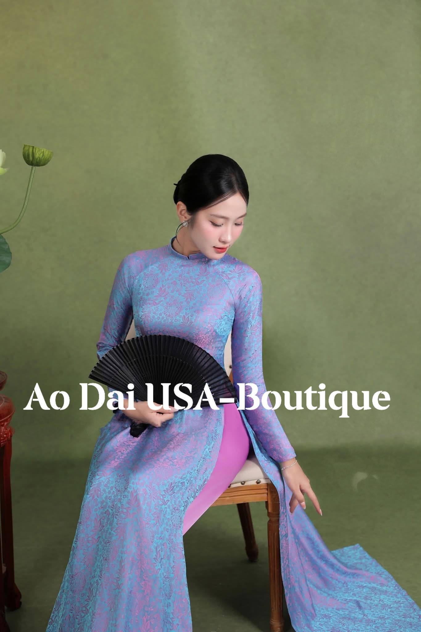 ANH SAO Set Ao Dai Lụa Tô Châu Design For Women Blue Color/ Traditional Long dresses Vietnamese/ pants included/ TT75