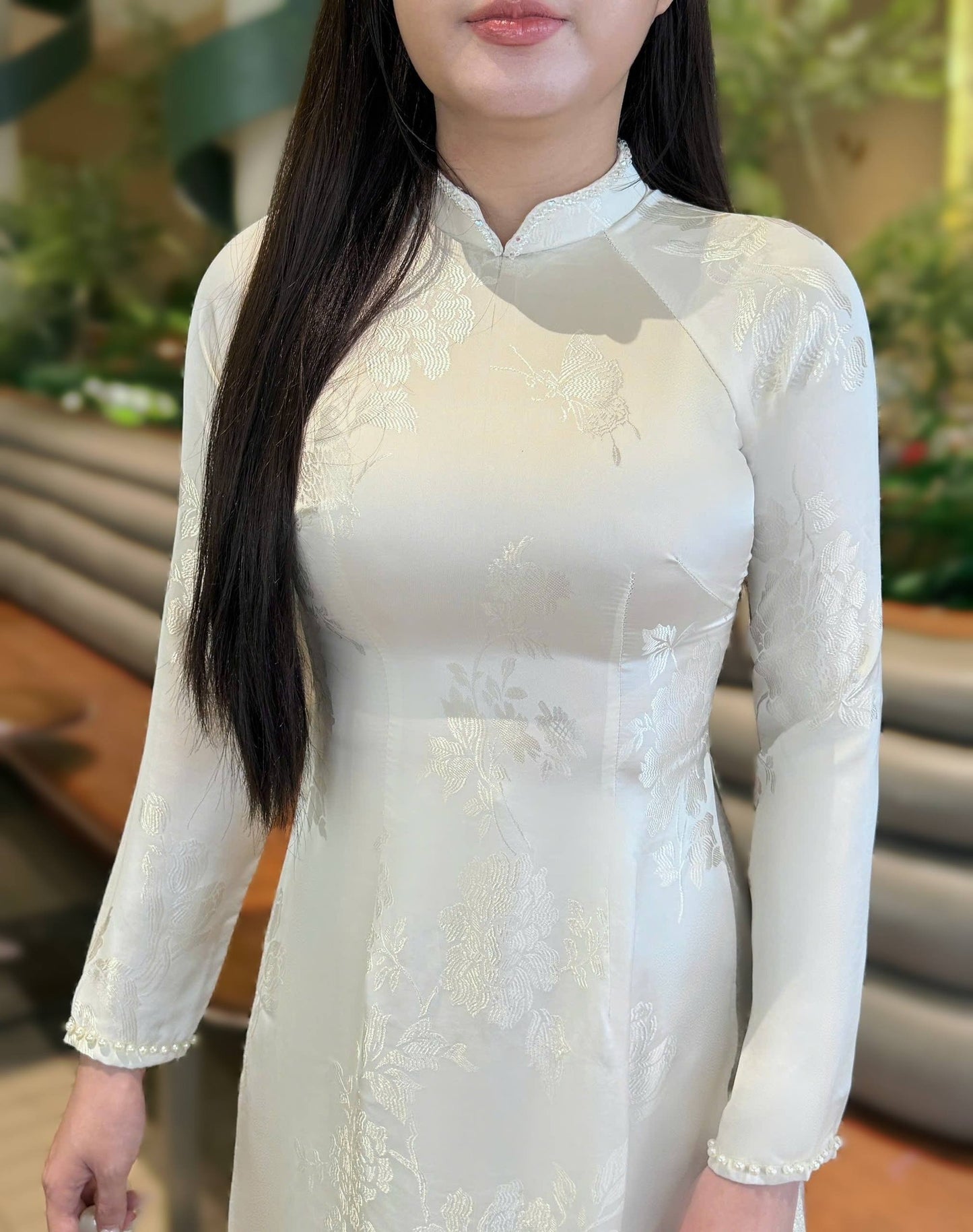ANH MAI Set Ao Dai To Tam Van Nam Design For Women White Color/ Traditional Long dresses /Shimmering Metallic Silver pants included/TT292