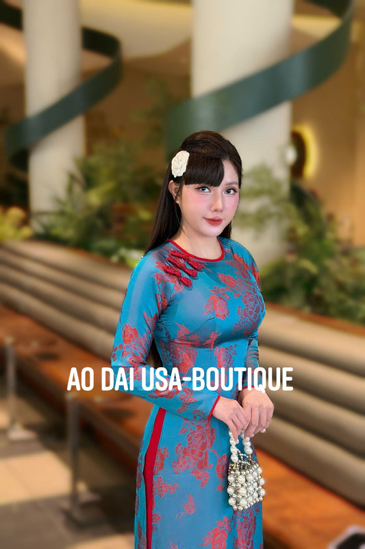 BICH NHU Ao Dai Lua To Tam Van Nam with Red Pants /Loose Style Design Set Ao Dai for Women/ TT81