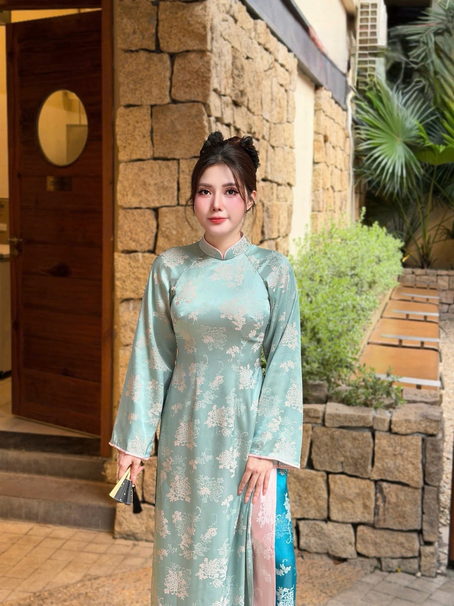 ANH HOA Set Ao Dai Gam Ha Nam Design For Women Light Blue Color/ Traditional Long dresses Vietnamese/Blue pants included/CT284