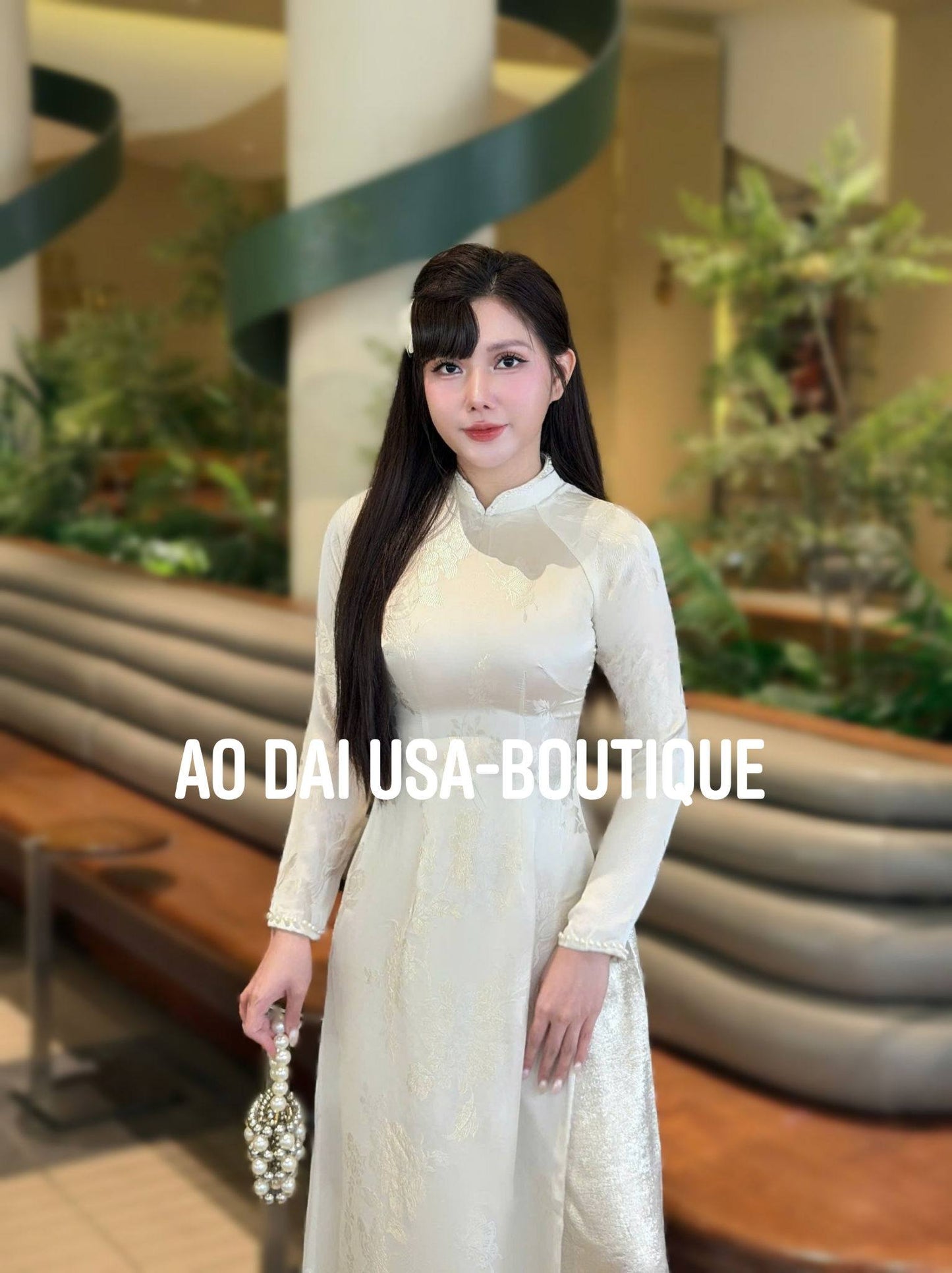 ANH MAI Set Ao Dai To Tam Van Nam Design For Women White Color/ Traditional Long dresses /Shimmering Metallic Silver pants included/TT292