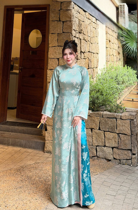 ANH HOA Set Ao Dai Gam Ha Nam Design For Women Light Blue Color/Blue pants included/CT294