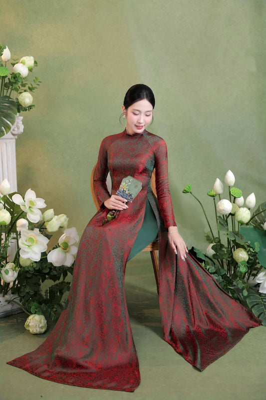 ANH SAO Set Ao Dai Lụa Tô Châu Design For Women Burgundy Color/ / pants included/ TT74