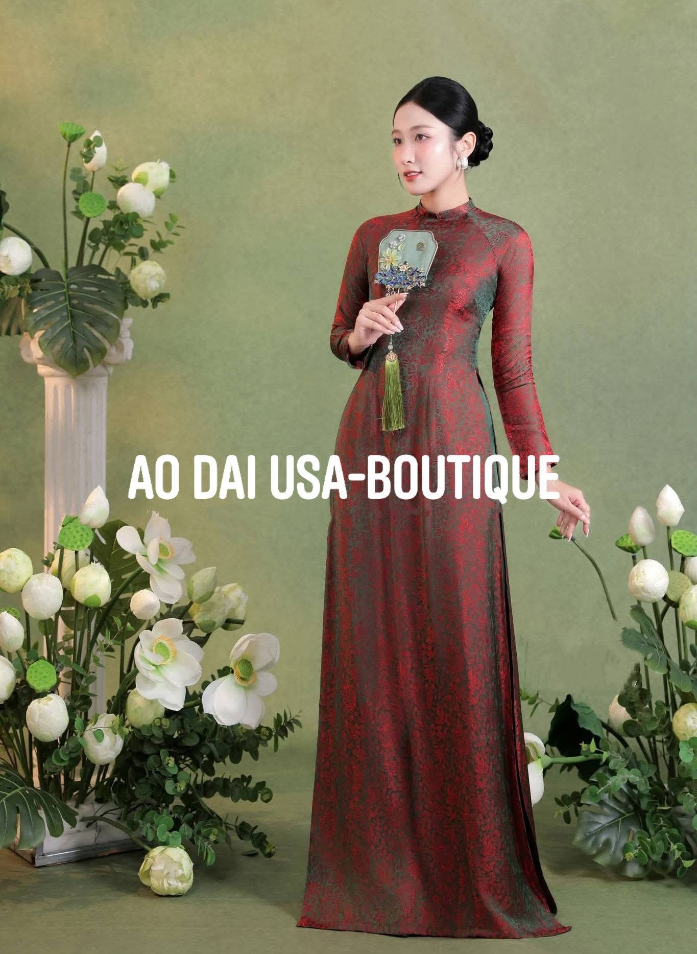 ANH SAO Set Ao Dai Lụa Tô Châu Design For Women Burgundy Color/ Traditional Long dresses Vietnamese/ pants included/ TT95