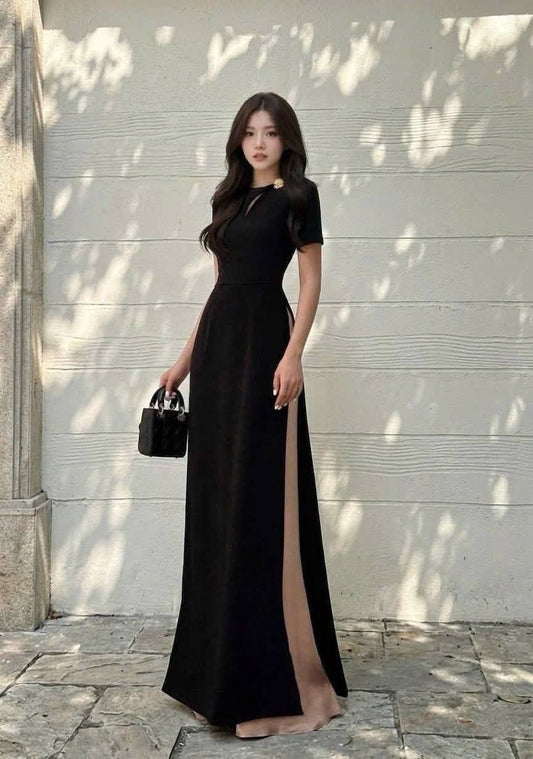 YEN TU Black  / Elegant Traditional Dress/ High Side Slit Ao Dai B62